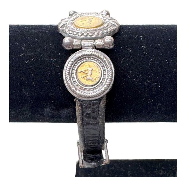 Brighton Vintage Coin Belt Strap Bracelet Gold Roman Black Signed 1995 Museum - Picture 2 of 9